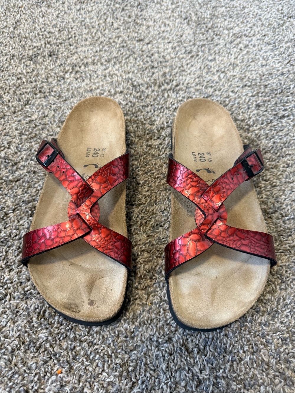 Birki’s Women’s Red Crisscross Comfort Sandals with Adjustable Buckles